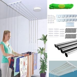 Rust Proof Stainless Steel Ceiling Clothes Hanger_Cloth Drying Hanging Stand for Balcony_Individual Dropdown Railers_Nylon Ropes_8 Feet X 6 Pipes with A Cloth Hanging Rope SLUCS6